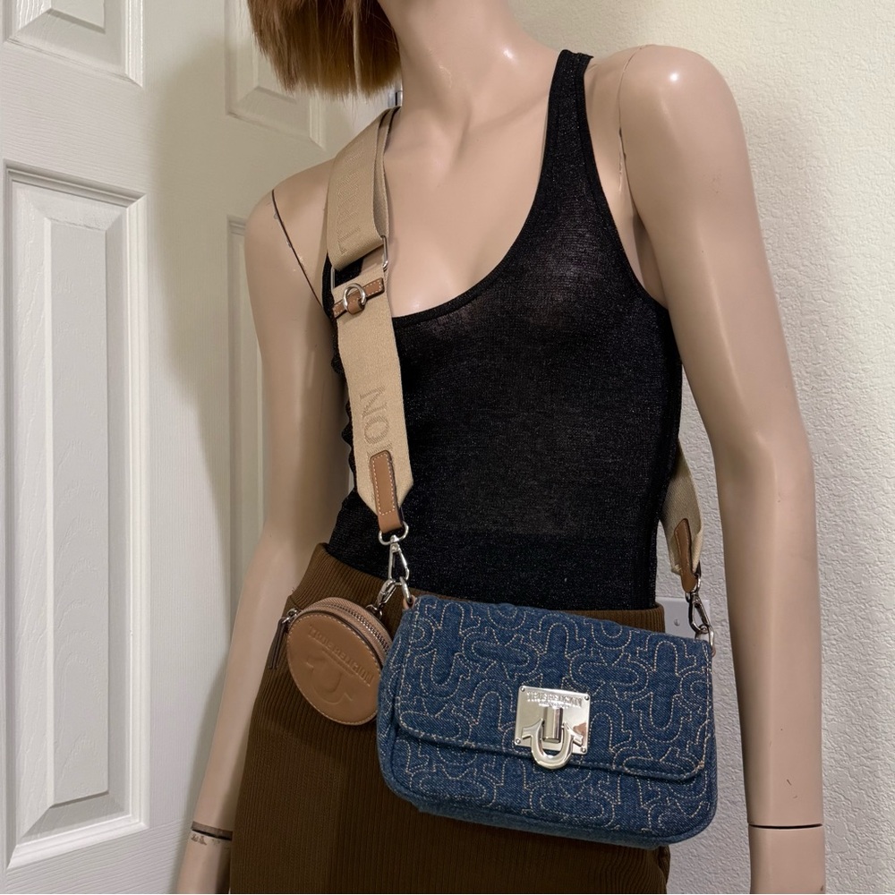 TRUE RELIGION Denim Quilted Horseshoe Wide Strap Coin Purse Flap Crossbody Bag - Picture 3 of 16